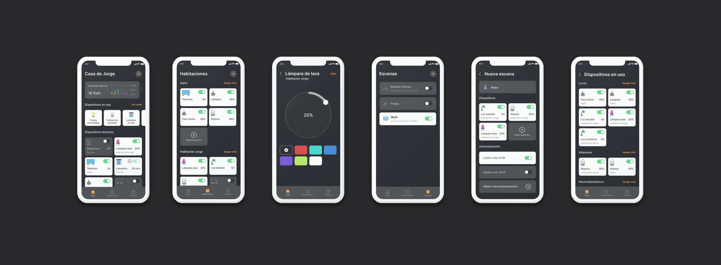 Smart Home app — key screens